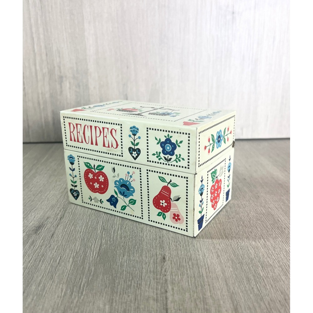 Vintage Metal Recipe Box Folk Art Fruit Floral Tin Cream Retro Kitchen Storage